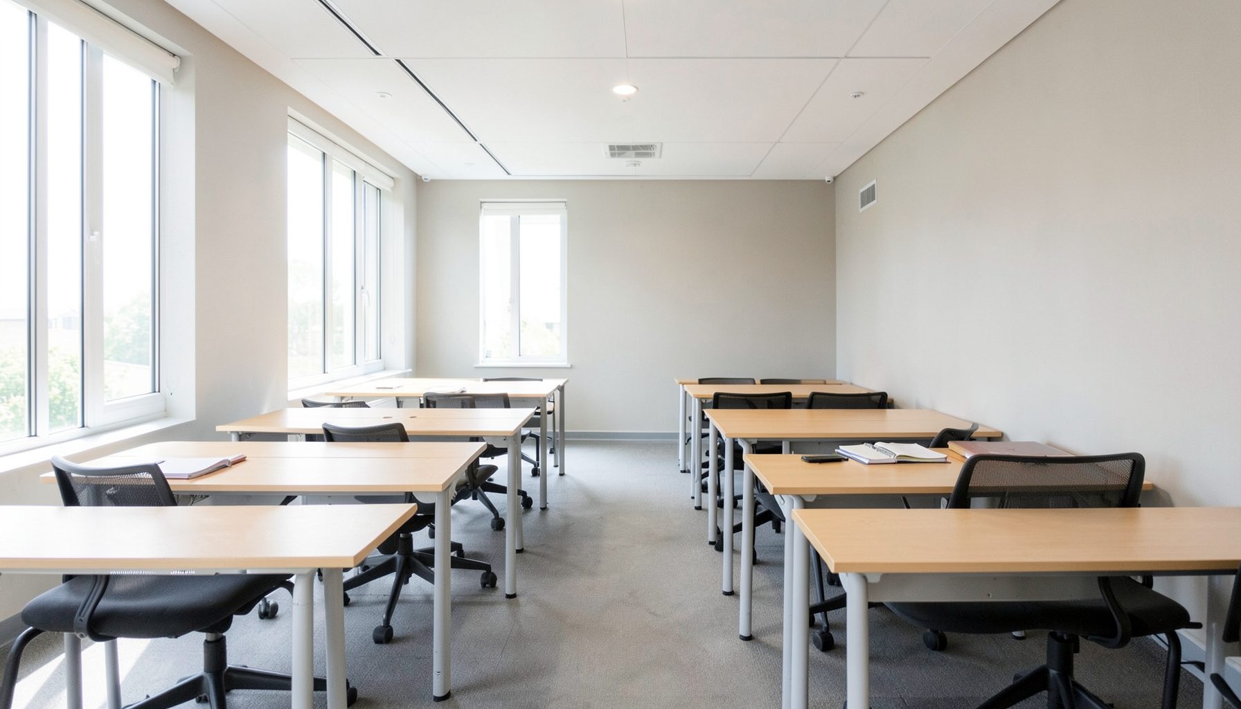 A bright, modern training room with natural light, neutral walls, and rows of empty desks ready for learners, conveying opportunity and professional development
