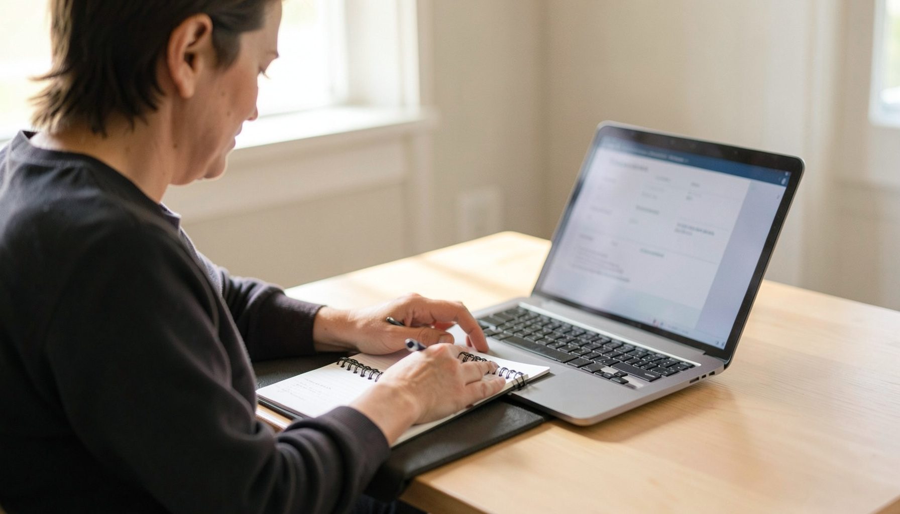 A person reviewing course materials at a clean desk with a notebook and laptop, warm daylight tones, calm and focused atmosphere